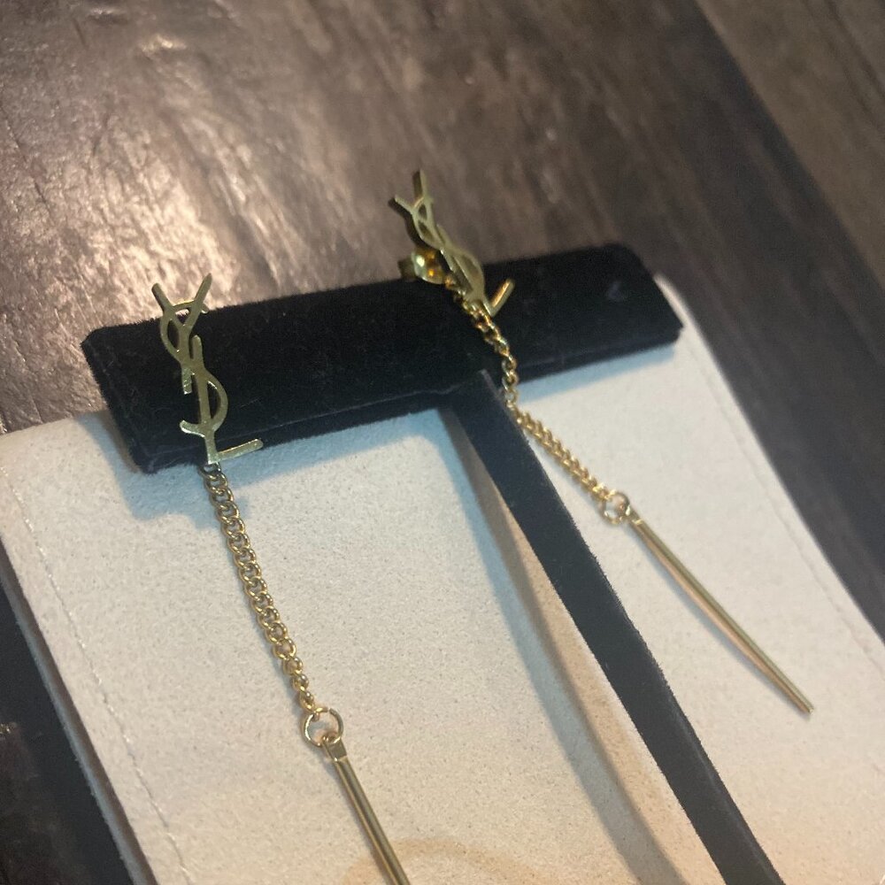 Chic YSL Petite Gold Logo Long Chain Back Earrings - Picture 2 of 5